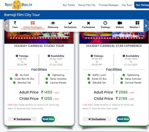 List of Entry Ticket Packages