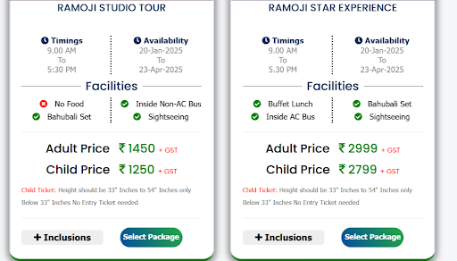 Select One Entry Ticket Package