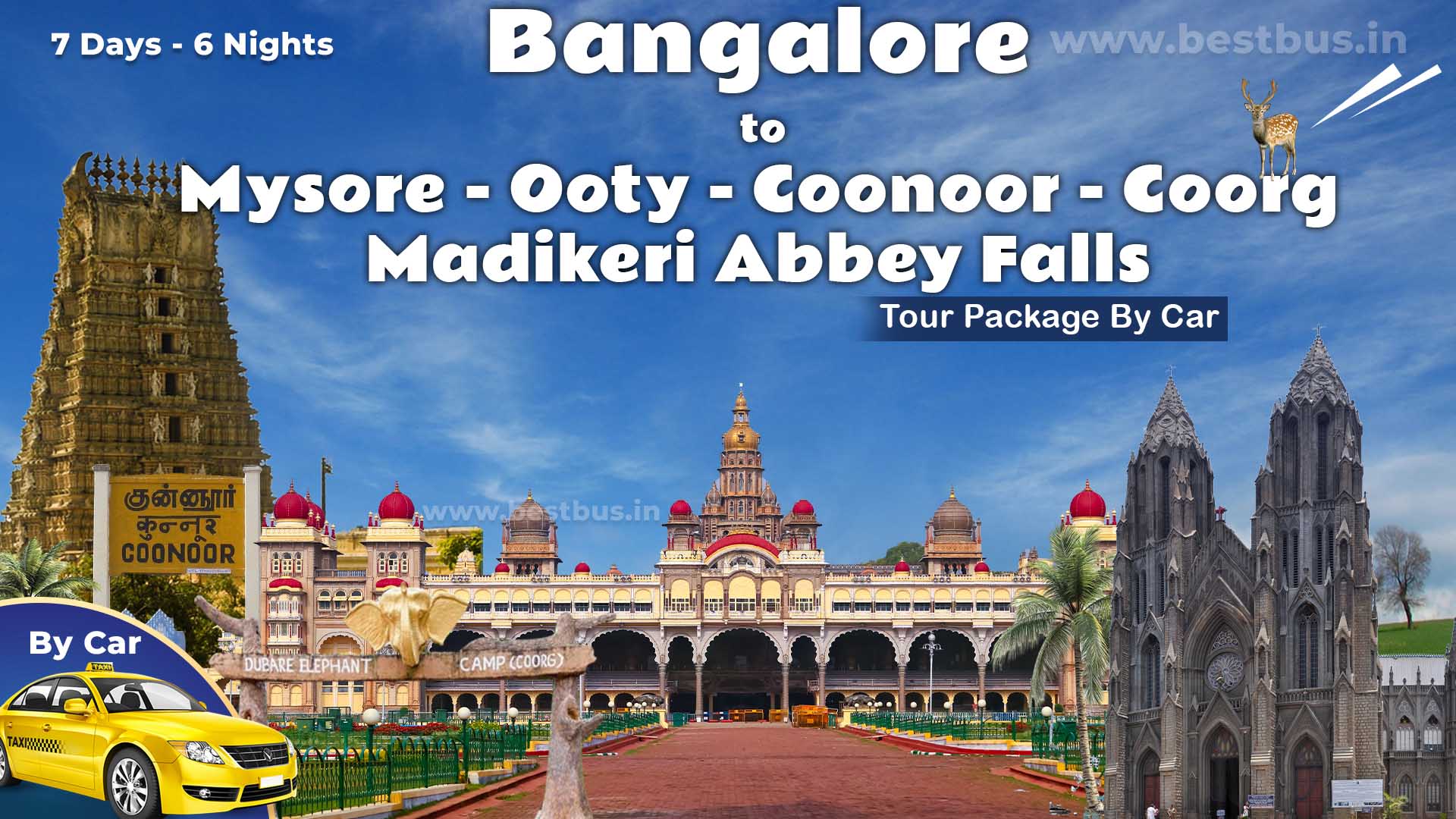 Bangalore To Mysore Ooty Coonoor Coorg Madikeri Abbey Falls 6 Nights 7 Days Tour Package By Car