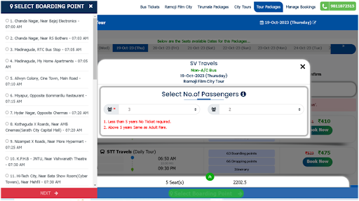 Step 5 Select boarding and dropping points - How to book ramoji film city bus tickets