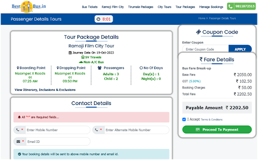 Step 7 Give details & proceed to payment - How to book ramoji film city bus tickets